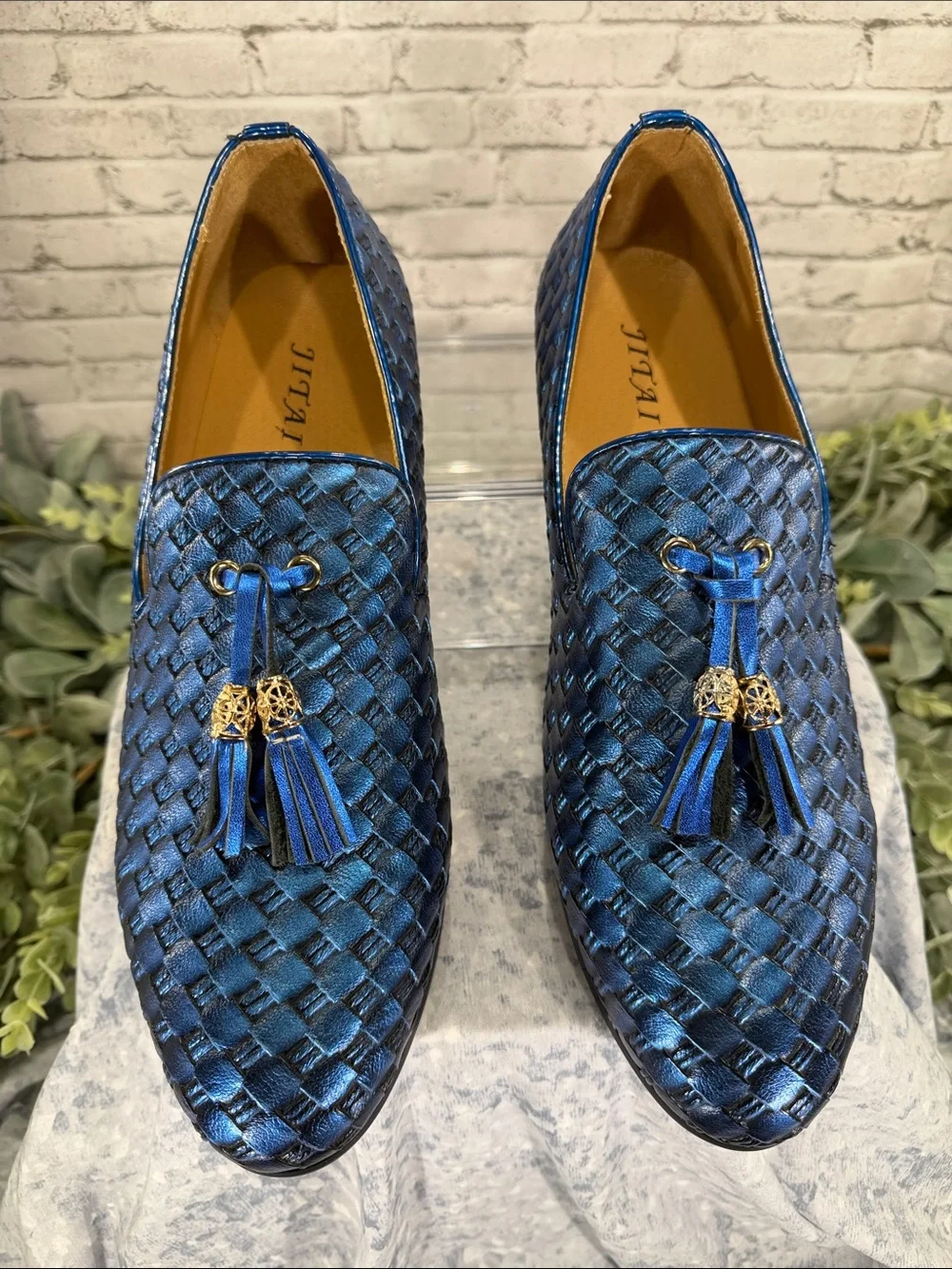 JITAI - Metallic Blue Faux Leather Basket Weave Tassel Fashion Loafers Mens 11.5